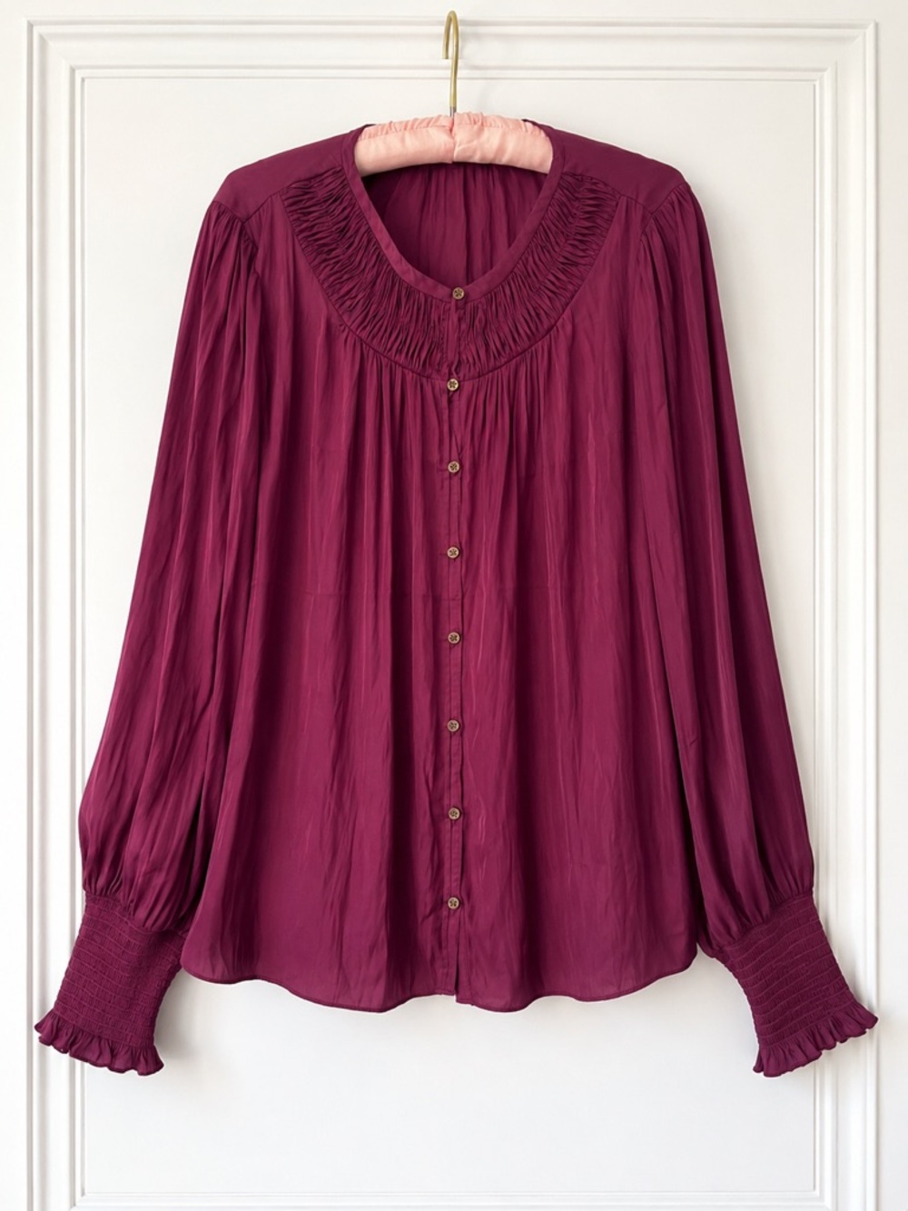 Ramy Brook New York Berry Satin Smocked Sleeve Blouse XL